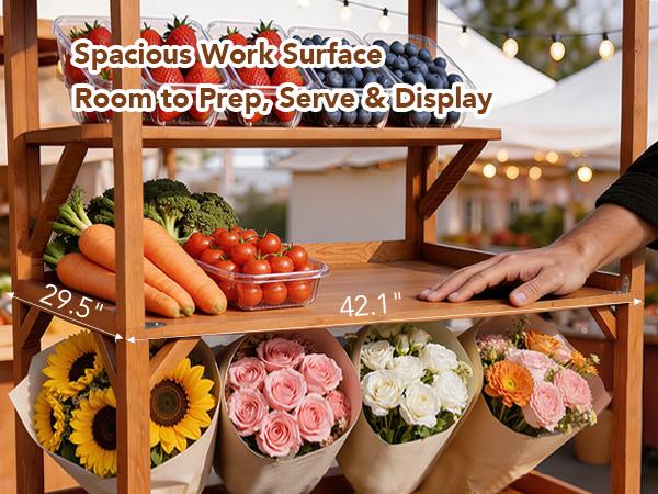 Wooden Farm Stand Cart, Solid Wood Farmers Market Stand with Wood Roof, Heavy Duty Display Table with Lockable Wheels, for Events & Small Business, Light Brown