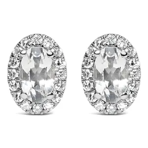 10K White Gold 5x3 MM Oval Cut Birthstone and Diamond Halo Stud Earrings (I-J Color, I1-I2 Clarity)