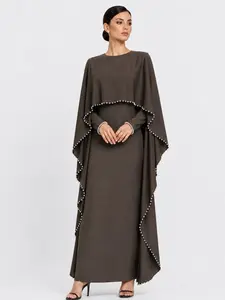 New Muslim Women's Islamic Clothing Plain Long Sleeve Dress with Shawl, Elegant Slim Fit Zipper Two-Piece Set, External Straps, Casual Daily Wear