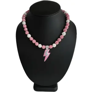 Iced Bling Disco Ball Rhinestone Crystal Bead Baseball Softball Necklace Miami Pink Lightning