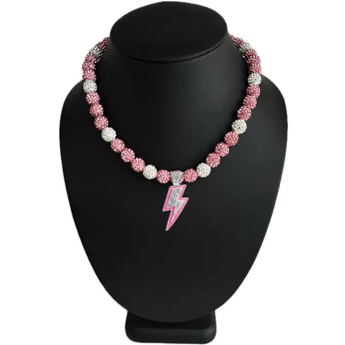 Iced Bling Disco Ball Rhinestone Crystal Bead Baseball Softball Necklace Miami Pink Lightning