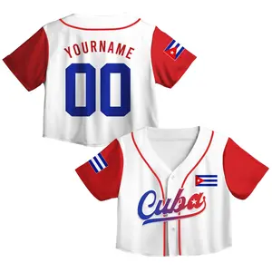 Custom Cuba Flag Baseball Jersey Crop Top – Personalized Name & Number, White Red Sleeve Custom Fan Jersey for Women, for Cuban Lover