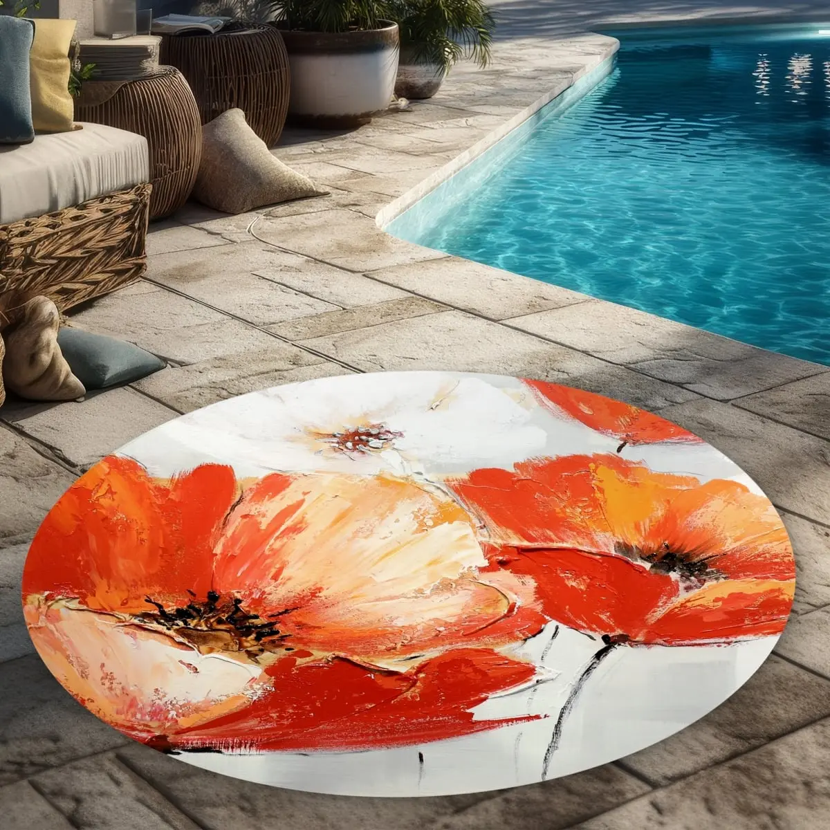 360 stand 5x5 ft Round Waterproof Outdoor Rug - Red Wind-Blown Wildflowers Floral Print, Soft Area Rug for Weatherproof Home Decor, Weather-Resistant Area Rugs