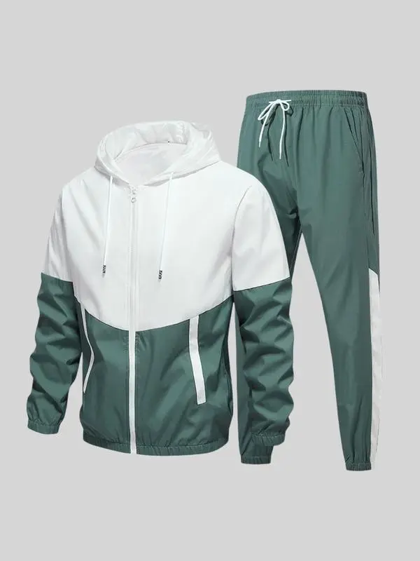 KZZ Men's Sweatsuit Set, 2-Piece Sporty Colorblock French Terry Activewear with Zip-Up Hoodie and Adjustable Joggers, Sporty Set