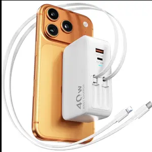 Four-in-One Retractable Wall Charger with Dual USB Ports and 90cm Lightning and Type-C Cables, 40W Fast Charging Foldable Plug Compatible with iPad, iPhone 16/15, AirPods, Galaxy, Pixel, and More
