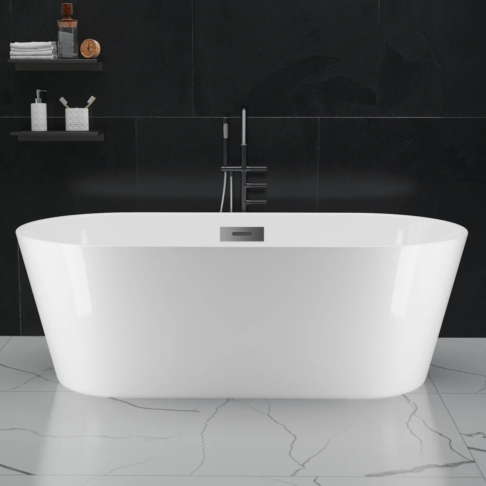 Modern Acrylic Freestanding Bathtub - 67 Inch Black and White Soaking Tub - Ergonomic Oval Design - Chrome Drain & Overflow - Perfect for Contemporary Bathroom Remodel