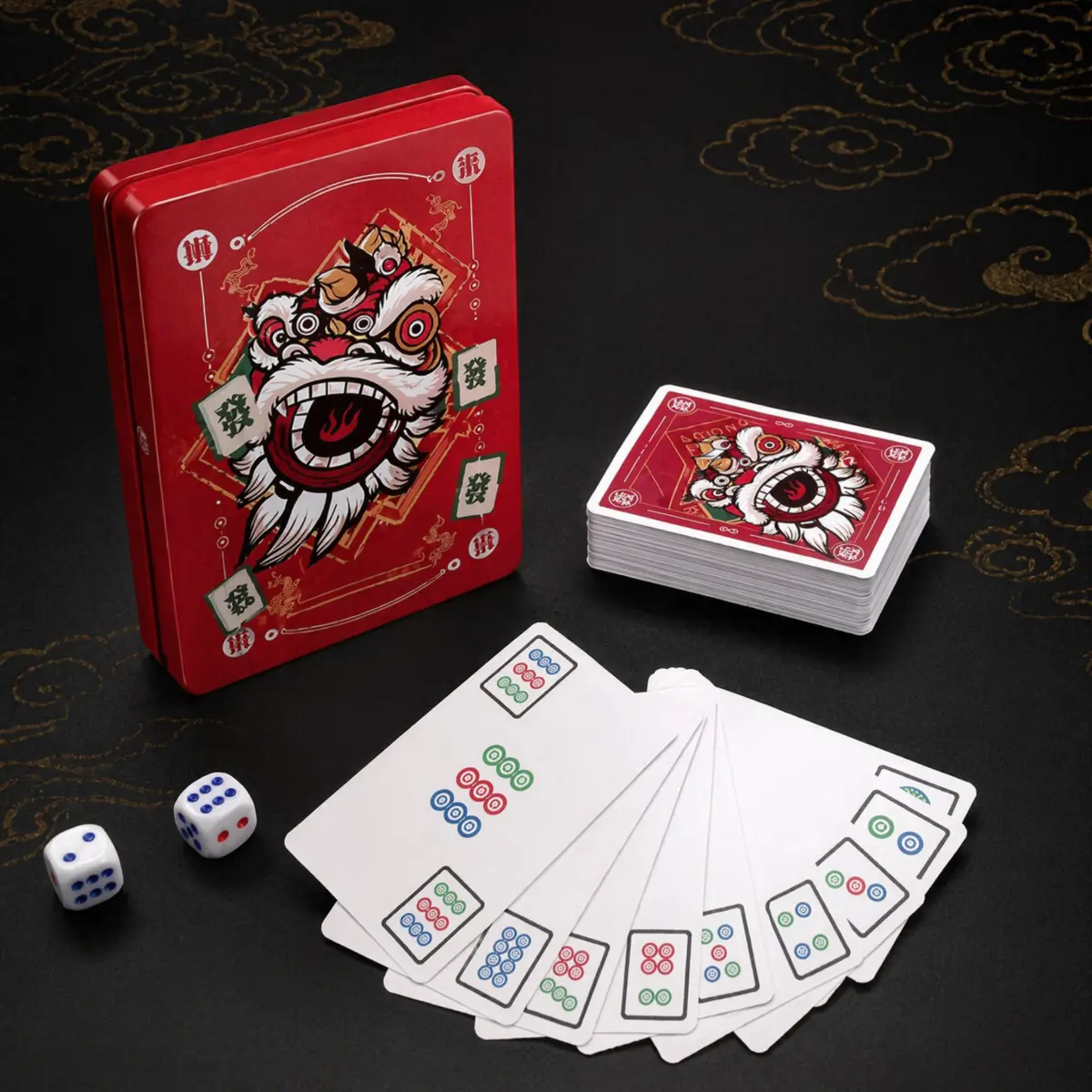 Portable Chinese Mahjong Card Game Set with Tin Box, Waterproof PVC Mahjong Playing Cards with 2 Dice, Compact Travel Pocket Game for Family Party, Outdoor Camping & Game Night