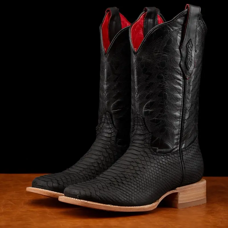 Matte Black Python Leather Print Boots - Square Toe