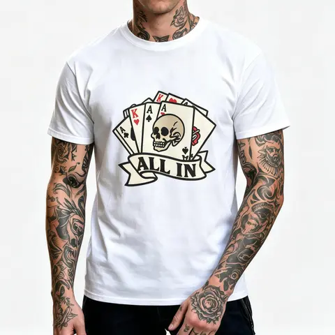 Vintage Tattoo ALL IN Poker Skull Graphic Men’s Crew Neck T-Shirt, Retro Playing Cards Short Sleeve Tee, Soft Cotton Streetwear Shirt for Gamblers, Poker Lovers & Daily Casual Outfits, Black & White Available,Grunge Graphic Album T-Shirt,graphic tees