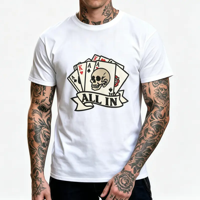 Vintage Tattoo ALL IN Poker Skull Graphic Men’s Crew Neck T-Shirt, Retro Playing Cards Short Sleeve Tee, Soft Cotton Streetwear Shirt for Gamblers, Poker Lovers & Daily Casual Outfits, Black & White Available,Grunge Graphic Album T-Shirt,graphic tees