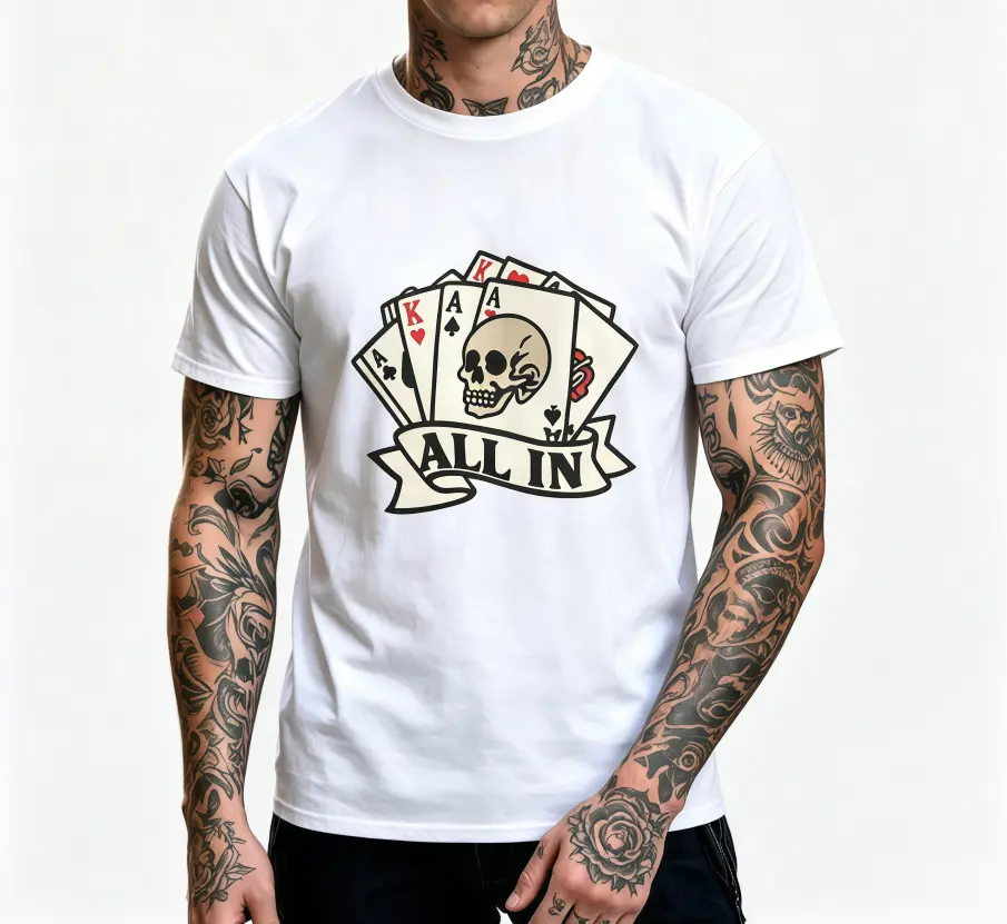 Vintage Tattoo ALL IN Poker Skull Graphic Men’s Crew Neck T-Shirt, Retro Playing Cards Short Sleeve Tee, Soft Cotton Streetwear Shirt for Gamblers, Poker Lovers & Daily Casual Outfits, Black & White Available,Grunge Graphic Album T-Shirt,graphic tees
