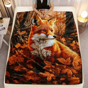 1Pc Fox In Autumn Leaves Throw Blanket - Realistic Fox & Fall Foliage HD Digital Print - Soft Lightweight Flannel All-Season Blanket For Couch, Bed, Travel, Home, Office - Cozy Warm Decorative Accent - Perfect Adult Gift For Nature Lovers, Travel Comfort