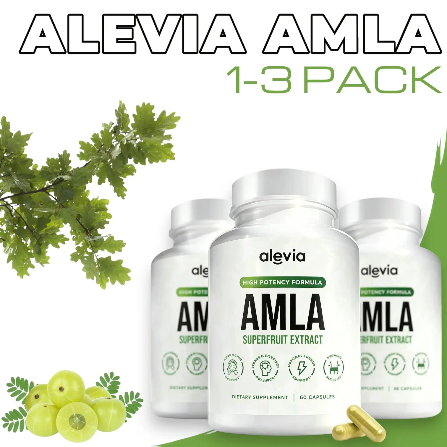 Alevia AMLA Superfruit Extract 1000mg Capsules - Antioxidant Rich Energy Boost & Joint Support Supplement, 60 Capsules per Bottle, Prop 65 Safe Multiple Packs (1-5 Packs)