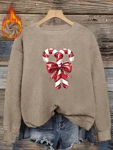 Women's Christmas Sweater Faux Fur Round Neck Soft Warm Plush, Sparkle Candy Bow Print Loose Casual Pullover for Fall & Winter