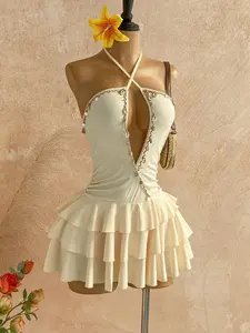 Women's Sexy Backless Strapless Sleeveless Dress, Cream Color Star Decor Asymmetrical Hem, Perfect for Formal Prom, Beach, Sea, Date Night, Holiday, Wedding Season
