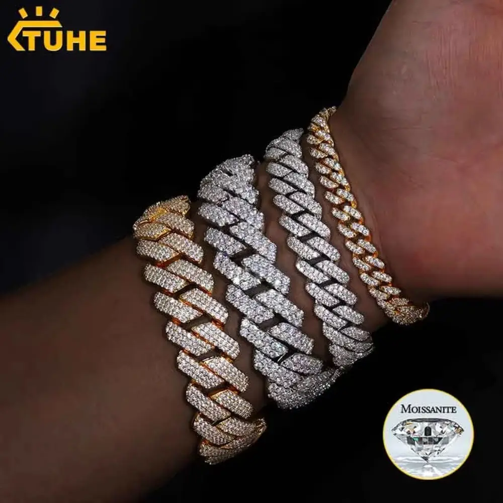 Unisex 14mm Cuban Chain Bracelet Hip Hop Copper Moissanite Bracelet For Men Hip Hop Jewelry