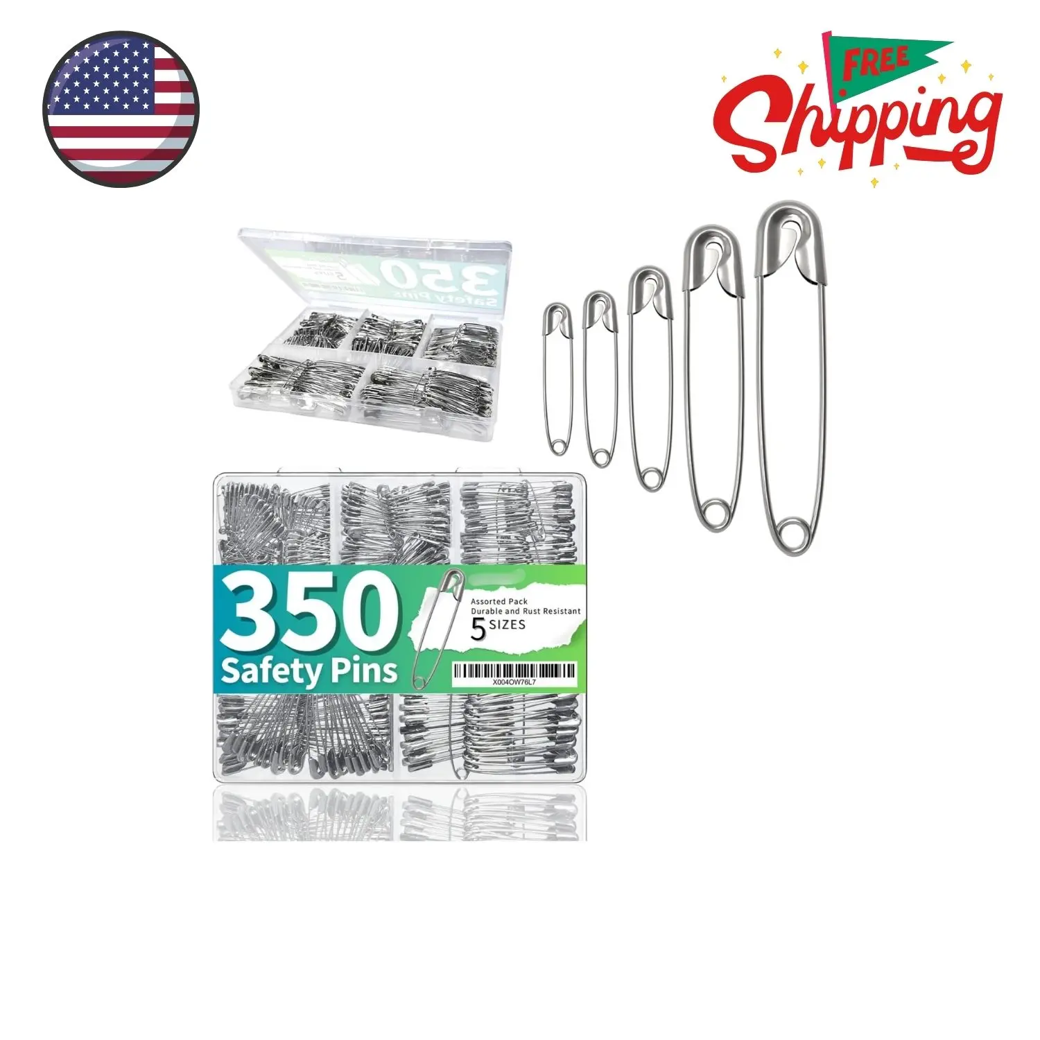 350 Pack Safety Heavy Duty Pins for Clothes 5 Assorted Sizes