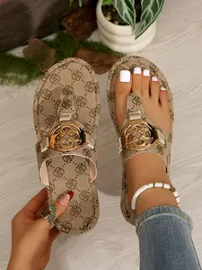 Women's Floral Print Thick Sole Sandals, Metal Buckle Decoration, Comfortable Soft Eva Sole, All-Season Beach Travel Shoes, Buckle Decorated Sandals
