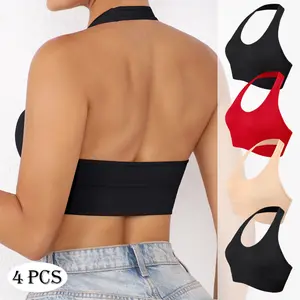 4PCS Seamless Ribbed Halter Bra Tops for Daily Outfit Stretchy Lounge Cami Tank for Casual Wear