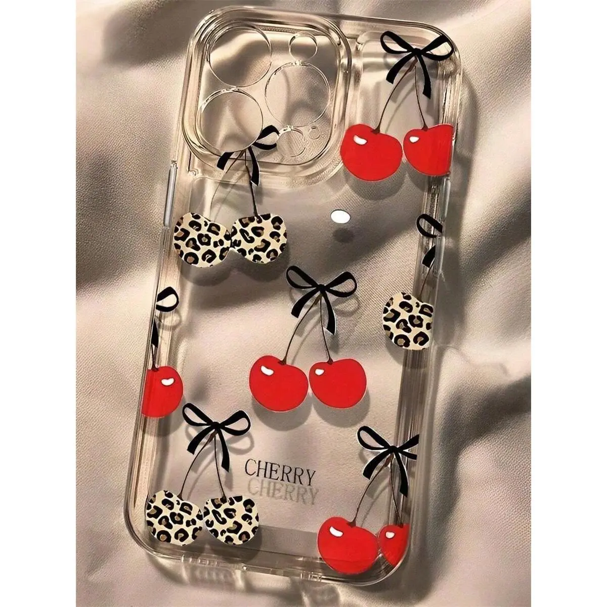 Leopard print cherry bow phone case, compatible with iPhone 17/16/15/14/13/12/11/X/XS/XSMAX. Featuring leopard and cherry patterns, with a sweet-cool style, it makes a perfect gift for yourself or friends/family., Cover, Accessories, Smartphone