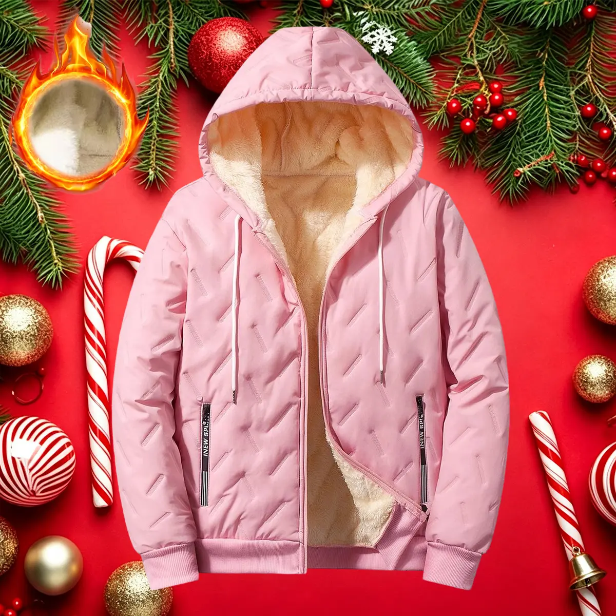 Women’s warm, lightweight winter fleece jacket with drawstring – women’s outerwear/tops, suitable for casual wear and outdoor activities