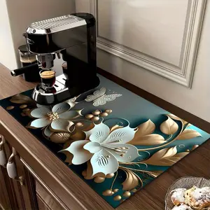 Metal Flower Butterfly Pattern Anti-Slip Oilproof Coffee Machine Mat, Absorbent Insulated Pad for Kitchen Countertop Drainage, Washable Protection