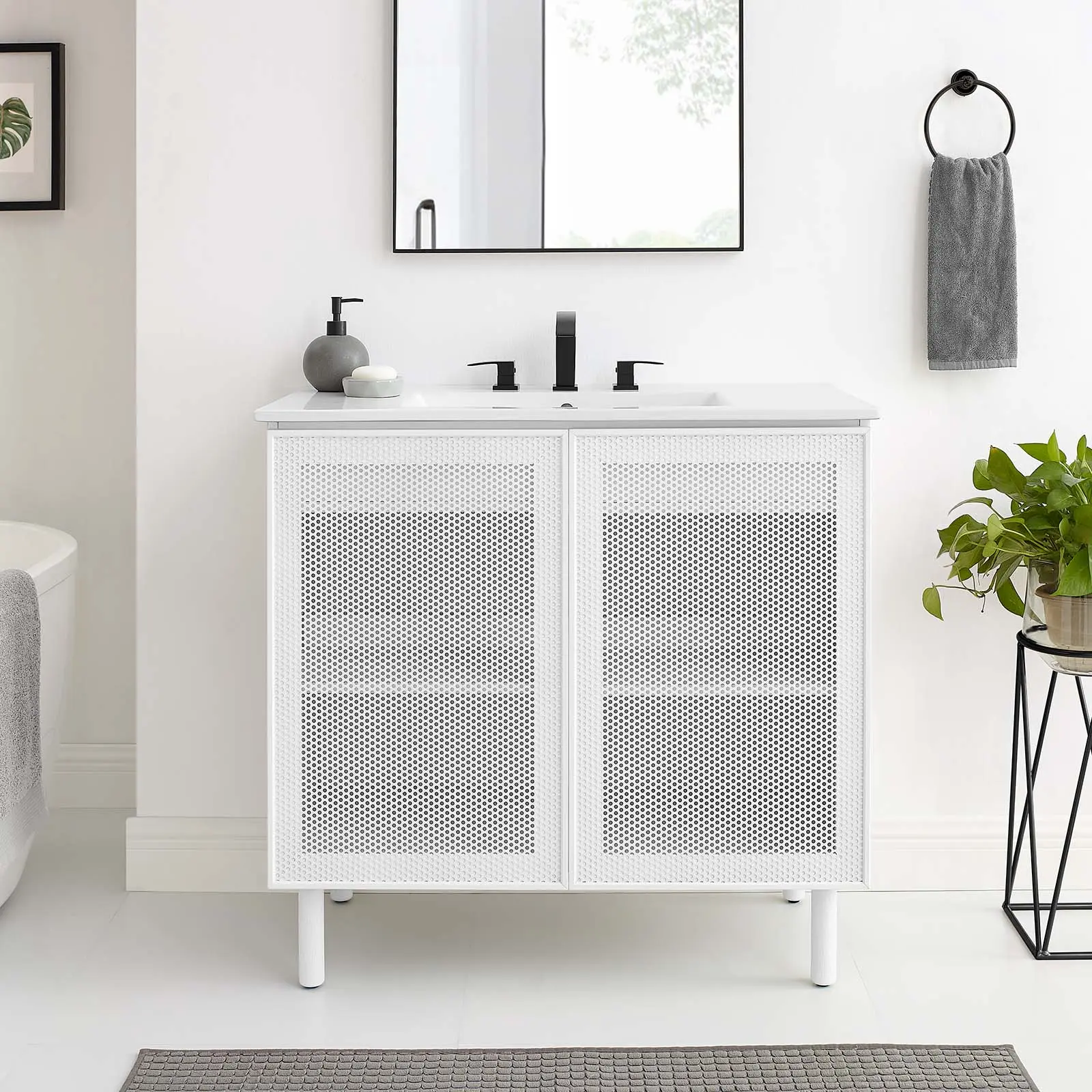 Modway Calla 36" Perforated Metal Modern Bathroom Vanity, Home Improvement Furniture with Storage Cabinet, White