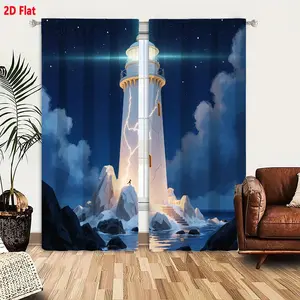 2D Flat 2-Piece Lighthouse Coastal Curtain Set, Starry Night Sky with Lightning, Rock Formation & Ocean Reflection Design, Indoor Window Drapes for Bedroom Living Room, Blackout & Light Filtering, White & Dark Tone Decorative
