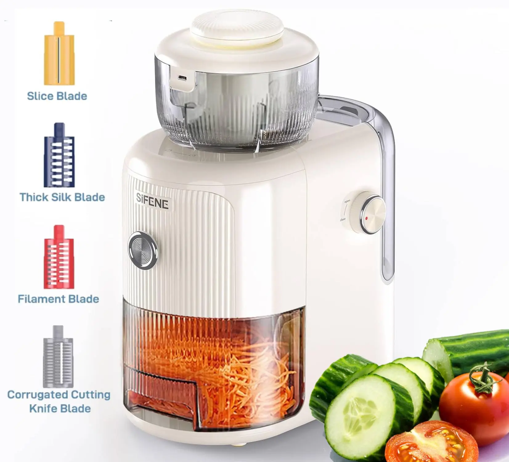 SIFENE Electric Vegetable Chopper, Cheese Grater & Salad Maker, 50W Mini Food Processor with 4 Blades, 1.8L Container, Easy Clean for Vegetables, Fruits, Nuts Slicer Slicing