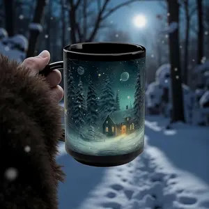 Winter Cabin Mug Snowy Night Coffee Cup with Pine Trees and Moonlight Cozy Ceramic 11oz 15oz Black