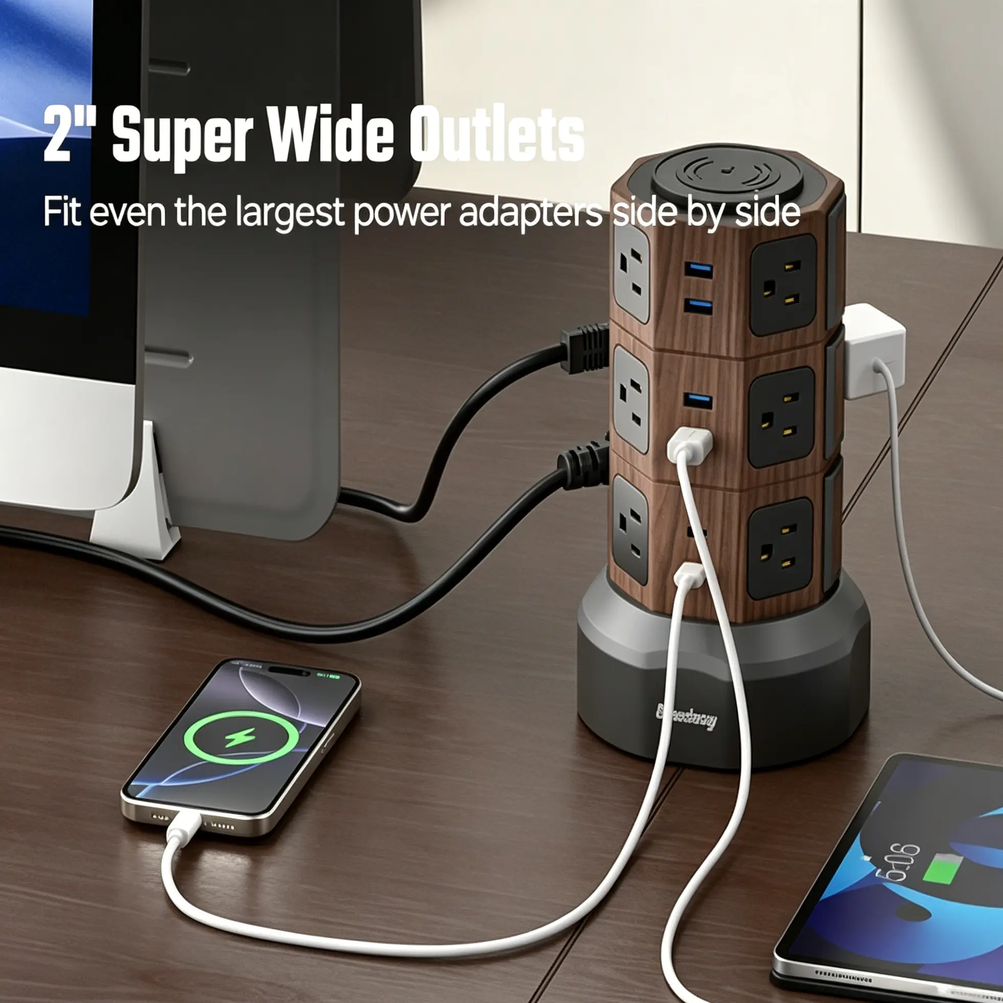 12 AC Outlet 6 USB Tower Power Strip with 15W Wireless Charger – 1050J Surge Protector, 5.5ft Extension Cord for Home Office Dorm