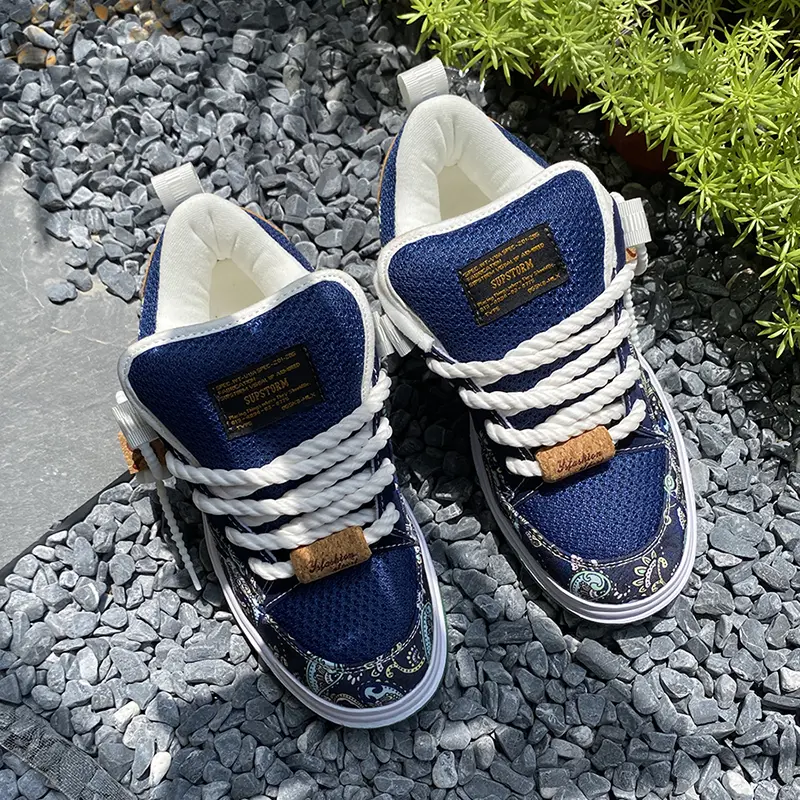 Unisex Navy Paisley Print Mesh Chunky Bread Skate Sneakers, Soft Padded Thick Tongue, Thick Twisted White Rope Laces With Cork Accent, Roomy Relaxed Fit Casual Footwear For Daily Street Outfits  Canvas Sneakers shoes to buy 2026 penny items sale y2k