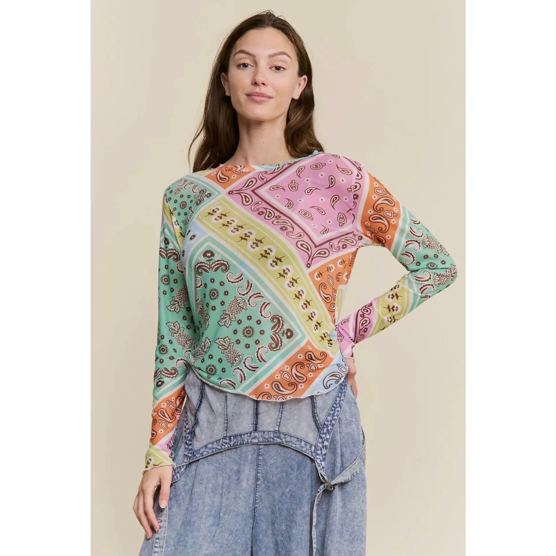 Multi Pattern Long Sleeve Mesh Top