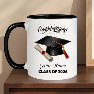 Class of 2026 Graduation Themed 11oz & 15oz Coffee Mug, Custom Name Diploma Print Reusable Drinking Cup with Grad Cap Decor, Multipurpose Cup for Hot Cold Drinks, Dishwasher Safe Ideal Gift for Graduates Birthday and Diploma Celebration