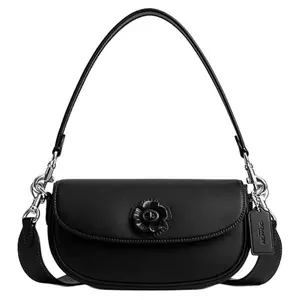 COACH Emmy 23 Tea Rose Pattern Saddle Bag for Women in Black Leather