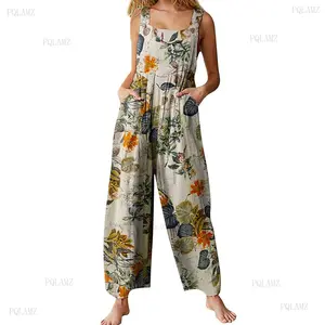 Women's 2026 Floral Printed Boho Cotton Bib Overall, Loose-Fitting Retro Bohemian Jumpsuit with 2 Patchwork Pockets, Wide Leg Casual Women's Clothes,summervibes