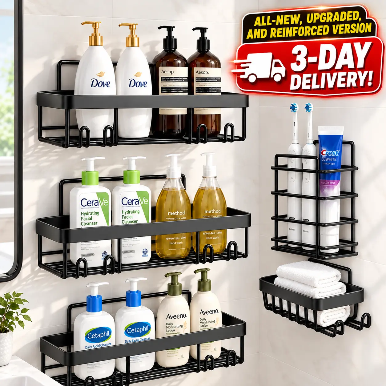 5-Piece Rustproof Stainless Steel Bathroom Organizer Set, No-Drill Self-Adhesive Shower Organizer with Holder & Shelf for Shampoo & Body Wash, Renter-Friendly Bathroom Accessory with Easy Installation