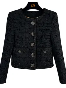 Women's Solid Color Tweed Round Neck Single-breasted Jacket, Elegant Fashion Long Sleeve Button Front Outerwear for Daily Outdoor Wear, Women Clothing for Spring Fall