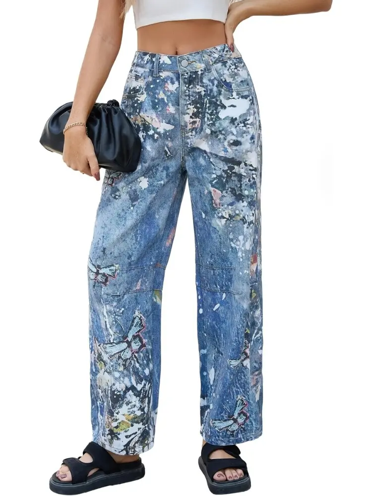 Women's Y2K Butterfly Print Barrel Jeans High Waisted Baggy Denim Pants Vintage Paint Splatter Wide Leg Trousers Casual Streetwear Harajuku Fairy Grunge Aesthetic Loose Fit Boyfriend Jeans for Girls OOTD Indie Pop Fashion Trendy Fall Cute Outfits