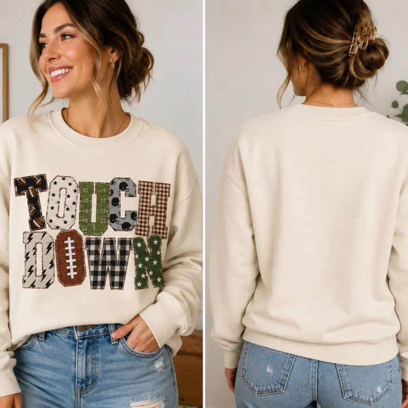 Women's Comfortable Casual Touch-Down Patchwork Football Crew Neck Sweatshirt