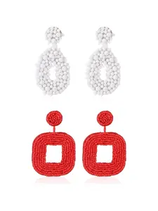 2 Pairs Colorful Exquisite Handmade Beaded Statement Earrings Set for Women Men Boho Beaded Earrings Set for Summer Beach Vacation Party Gift Giving White Seed Bead Teardrop Dangle Earrings Red Square Drop Earrings
