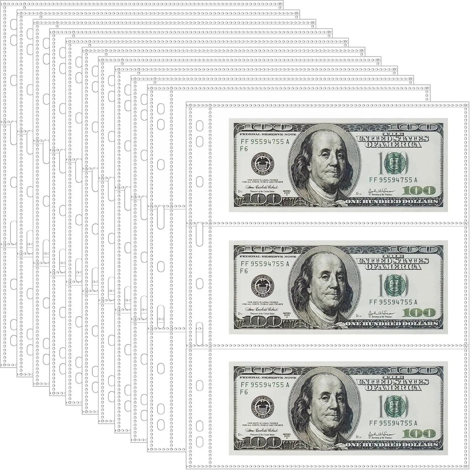 Money Binder Refill Sheets, 35-Sheet Non-PVC PP Plastic Currency Album Pages with 3-Pocket Sleeves, Pre-Punched for US Binders, Office Accessory for Paper Money Collectors (Holds US & Foreign Banknotes), Binder Binders