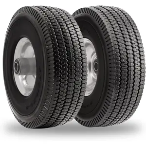10 Inch Solid Polyurethane Tire 4.10/3.50-4 Tire, 10" Flat Free Wheels with 5/8" Bearings, 2.2" Offset Hub for Garden Cart, Hand , Lawn Cart, Mower (2 Pack)