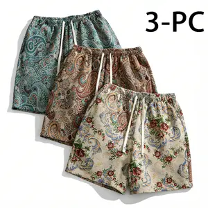 3 Pack Men's Paisley Print Shorts, Elastic Waist Breathable Summer Pants for Beach & Street