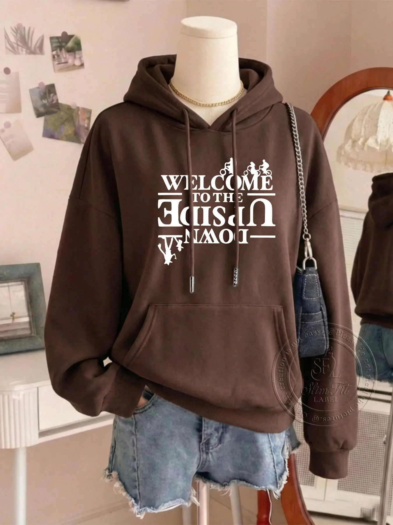 Women's Fashion Hooded Sweatshirt, Fitted, Upside Down Letter Print, Kangaroo Pocket, Casual Long Sleeve, Fall & Winter, Daily Wear