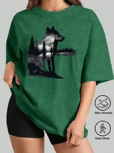 Wolf Mountain Landscape Women's Casual Short Sleeve Crew Neck Cotton Womenswear T-Shirt – Bestselling Nature Wildlife Graphic Print, Mineral Wash Black, Machine Washable Spring & Summer Top, Soft Skin-Friendly Fabric, Daily Versatile, Fashion Design