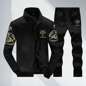 Stylish Men's Sportswear Set with Stand-Collar Design Black and Gold Embroidery Must-Have for Trendy Sportswear Enthusiasts