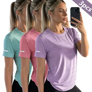 3-piece set: casual solid-color sports T-shirts, breathable slim-fit short-sleeve yoga tops, training short-sleeve tops, women’s yoga apparel