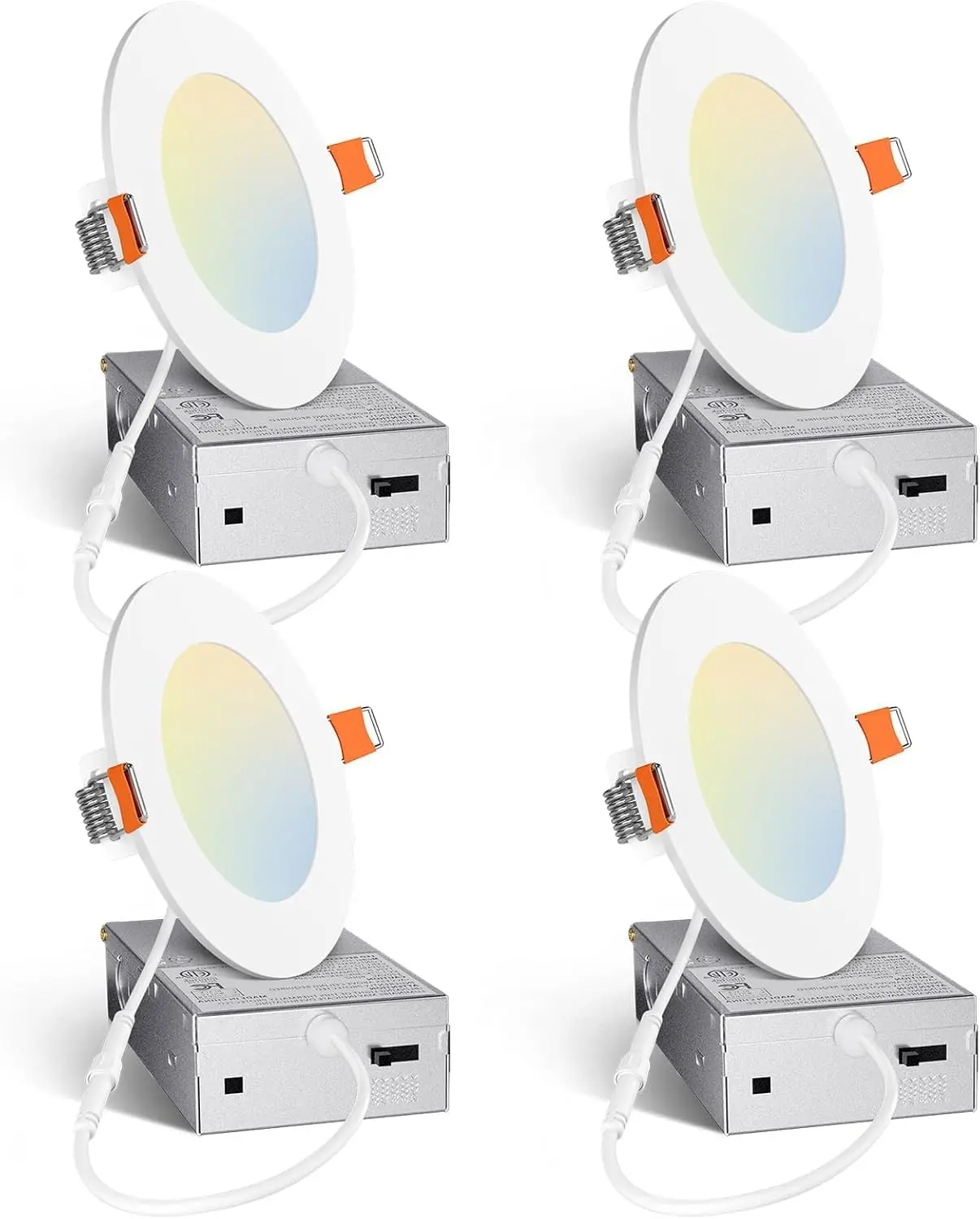 Amico 4 Pack 4 Inch 5CCT Ultra-Thin LED Recessed Ceiling Light with Junction Box, 2700K/3000K/3500K/4000K/5000K Selectable, 10W Eqv 60W 800LM Brightness Dimmable Canless Wafer Downlight, ETL & FCC