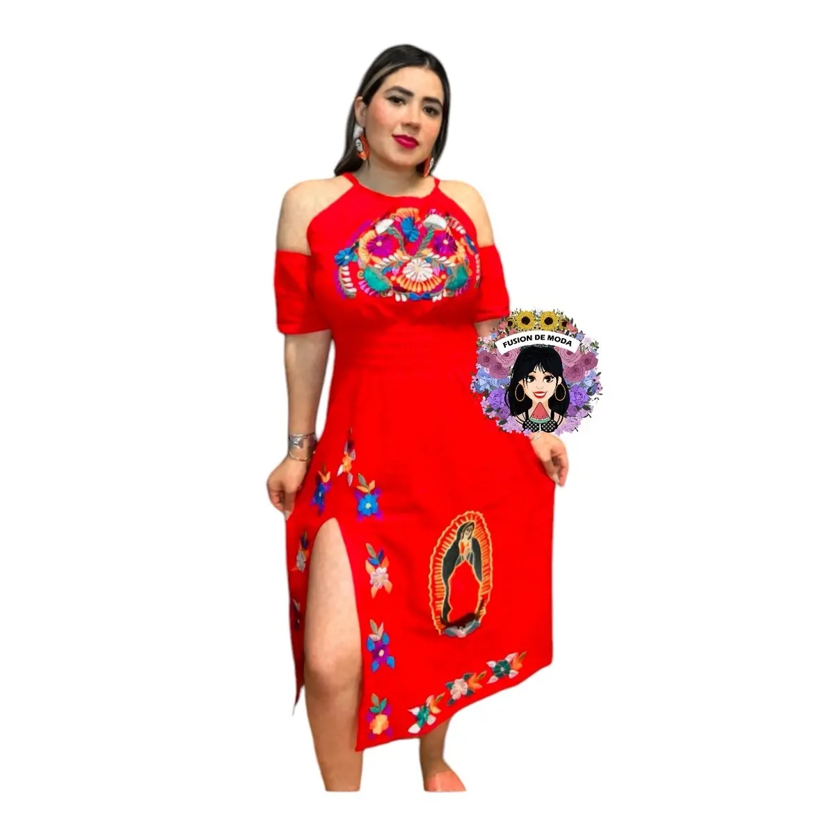 Vestido manga caída bordado Virgen - Casual Women Dress